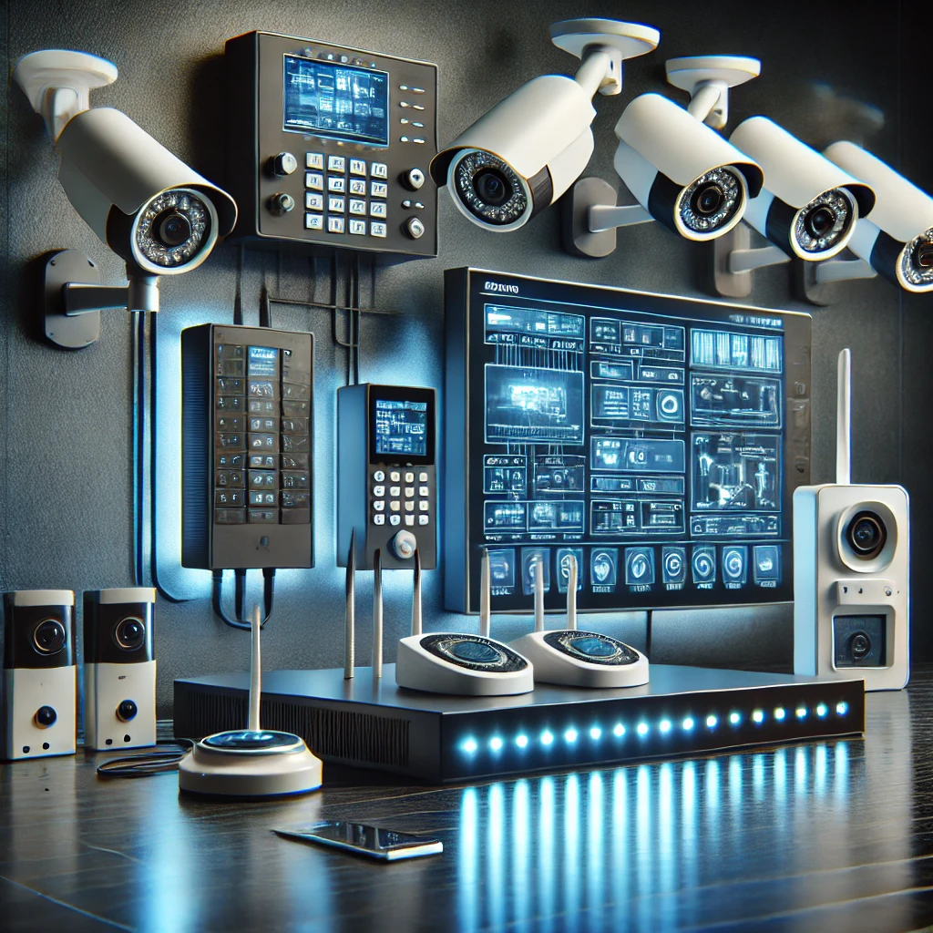 DALL·E 2025-02-10 11.48.22 - A hyperrealistic image of an advanced home and business security system setup. The image features modern surveillance cameras, alarm panels, motion se