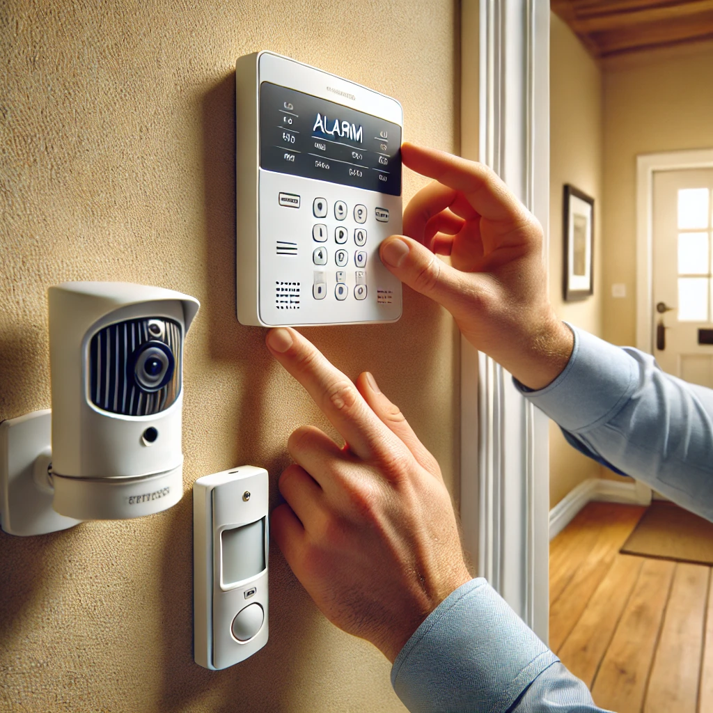 DALL·E 2025-02-10 11.51.14 - A hyperrealistic image of a security technician installing a home alarm system in a residential setting. The image shows a close-up of the technician' videovigilancia i seguretat a lleida